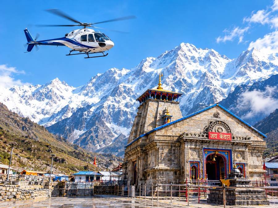 Helicopter flying near Kedarnath Temple and snow-covered mountains