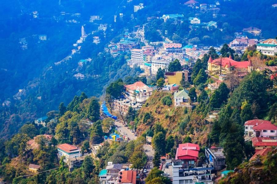 Hillside houses and roads of Mussoorie seen from above
