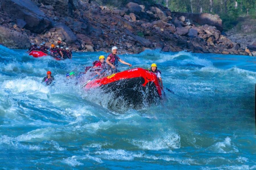 Rafting group on the Ganga near Rishikesh