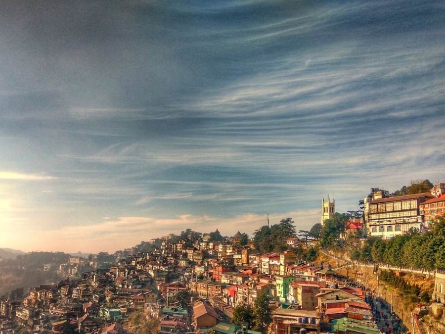 Hillside houses of Shimla with Christ Church in the distance